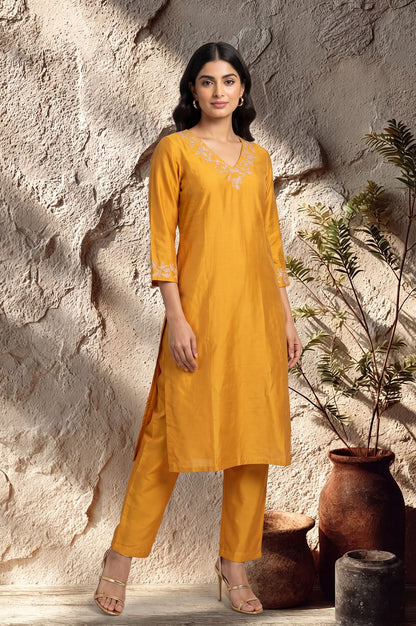 Mustard Embroidered Straight Kurta with Pants Set