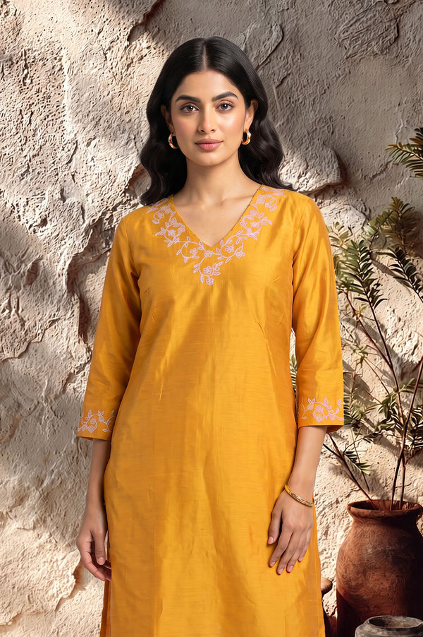 Mustard Embroidered Straight Kurta with Pants Set