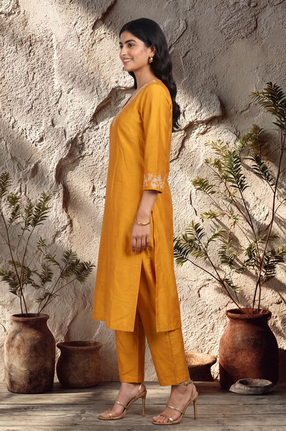 Mustard Embroidered Straight Kurta with Pants Set