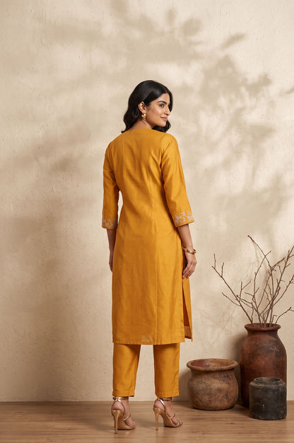 Mustard Embroidered Straight Kurta with Pants Set