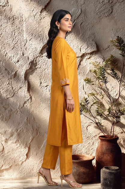 Mustard Embroidered Straight Kurta with Pants Set