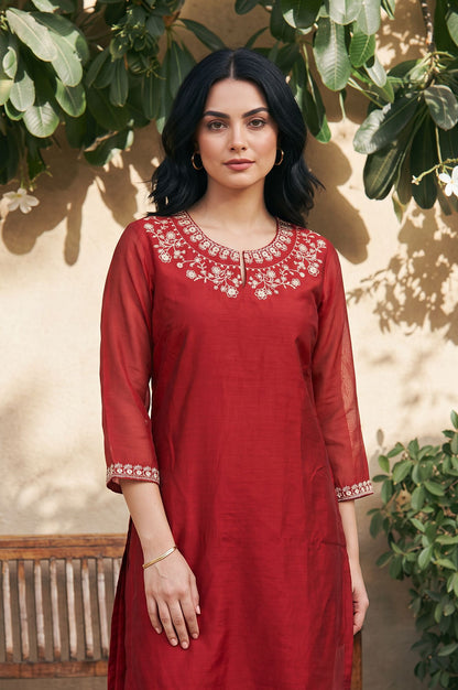 Maroon Embroidered Chanderi Straight Kurta with Pants Co-ord Set