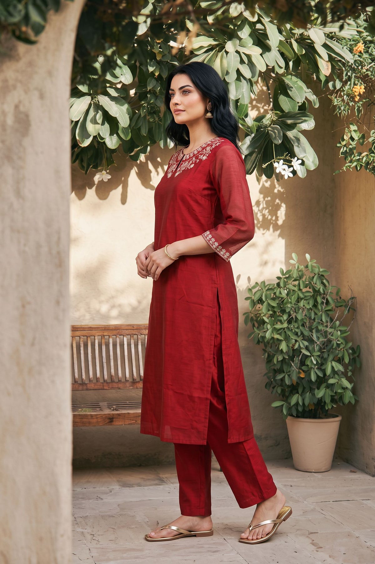 Maroon Embroidered Chanderi Straight Kurta with Pants Co-ord Set
