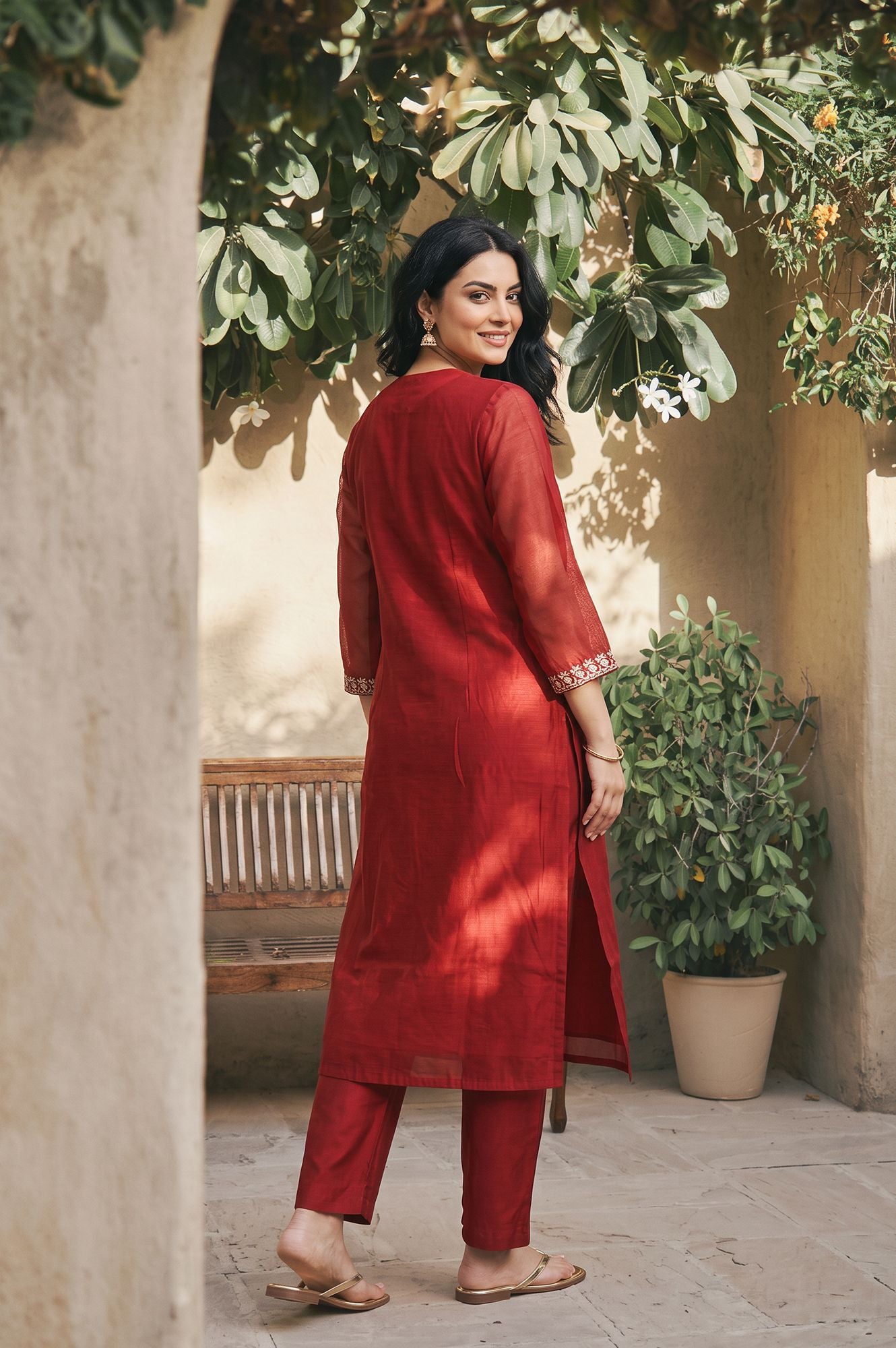 Maroon Embroidered Chanderi Straight Kurta with Pants Co-ord Set