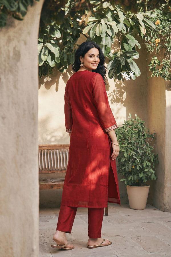 Maroon Embroidered Chanderi Straight Kurta with Pants Co-ord Set
