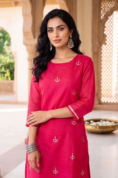 Pink Zari Embroidered Chanderi Straight Kurta with Straight Pants Set