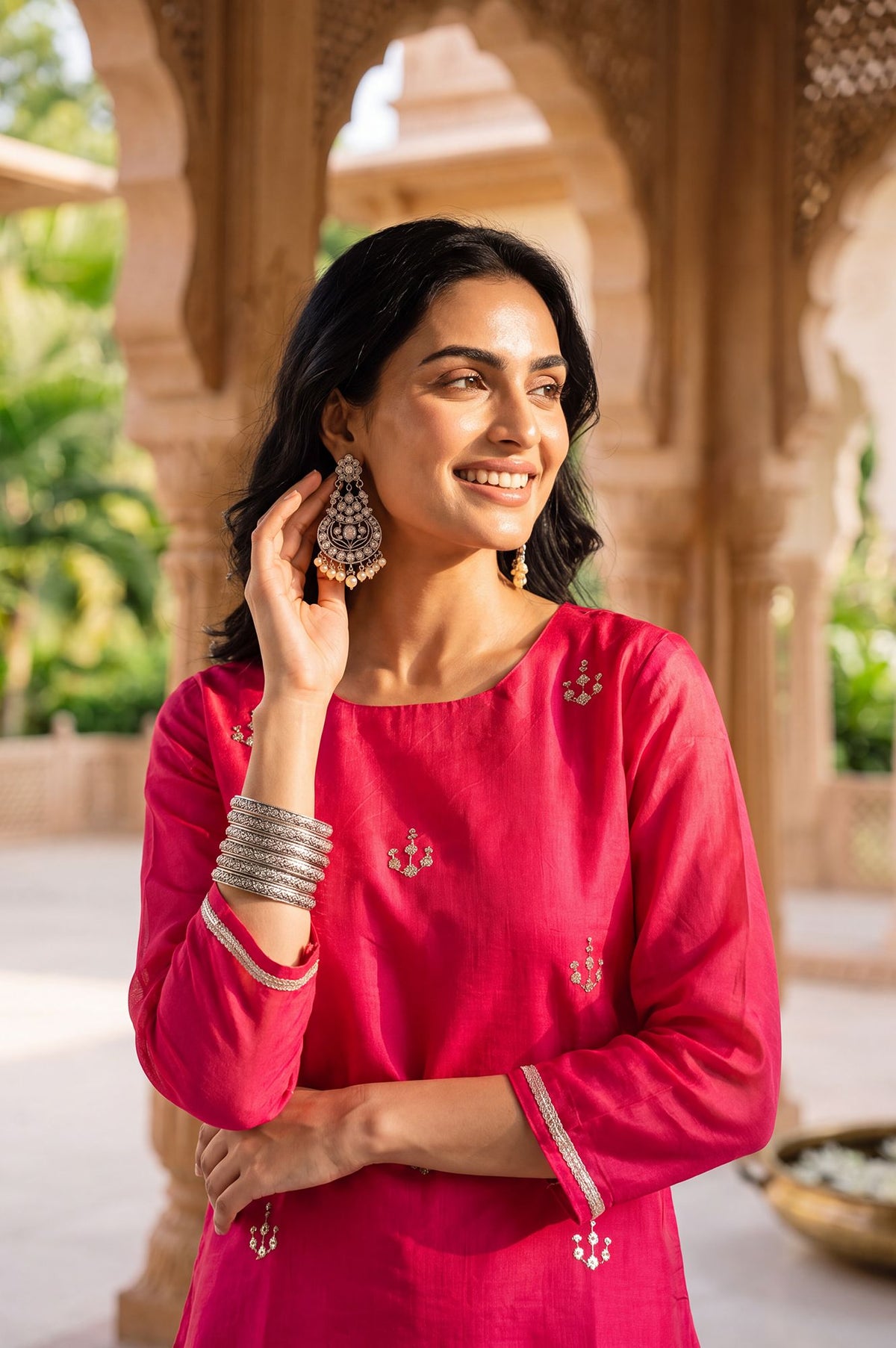 Pink Zari Embroidered Chanderi Straight Kurta with Straight Pants Set