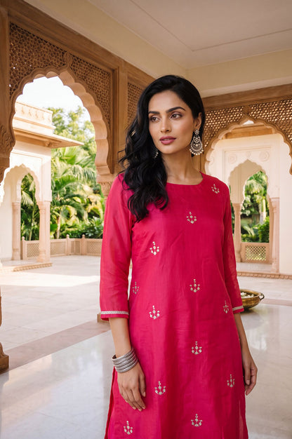 Pink Zari Embroidered Chanderi Straight Kurta with Straight Pants Set