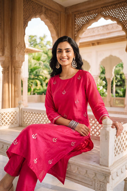 Pink Zari Embroidered Chanderi Straight Kurta with Straight Pants Set