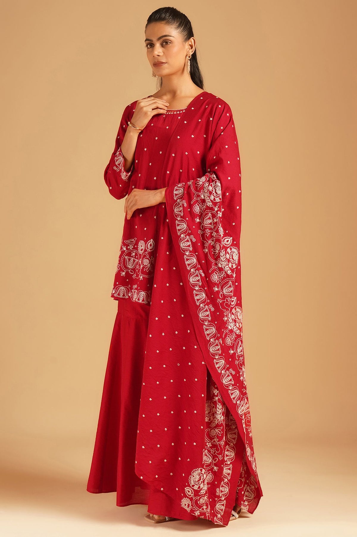 Red Thread Embroidered Straight Kurta with Sharara and Dupatta Set