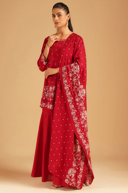 Red Thread Embroidered Straight Kurta with Sharara and Dupatta Set