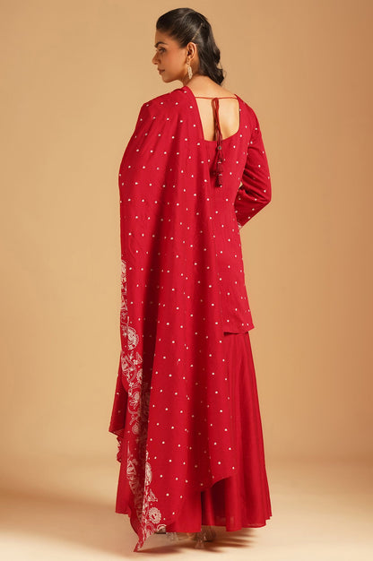 Red Thread Embroidered Straight Kurta with Sharara and Dupatta Set