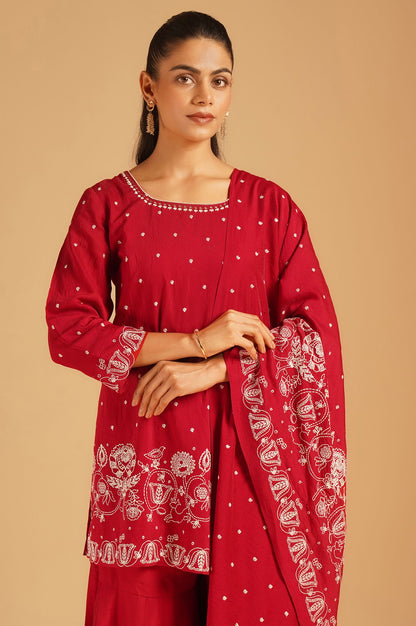 Red Thread Embroidered Straight Kurta with Sharara and Dupatta Set
