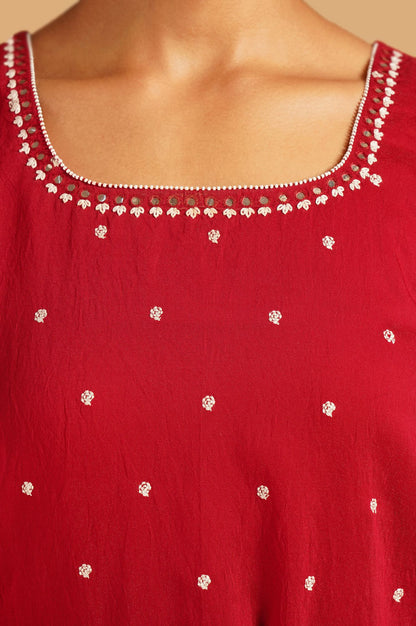 Red Thread Embroidered Straight Kurta with Sharara and Dupatta Set