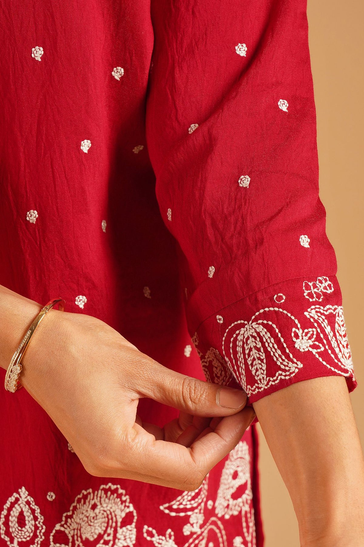 Red Thread Embroidered Straight Kurta with Sharara and Dupatta Set