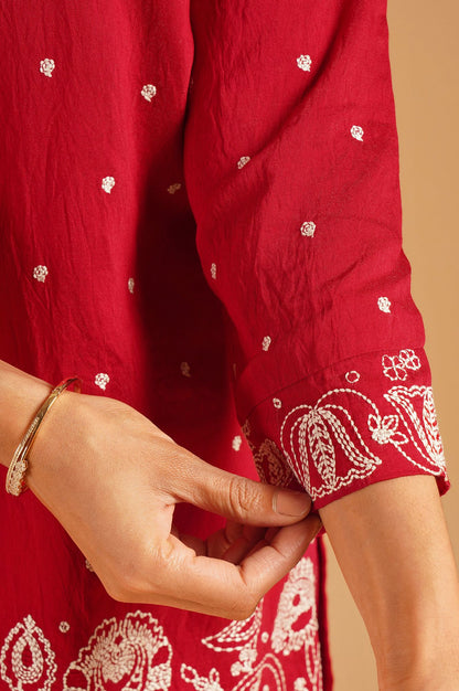Red Thread Embroidered Straight Kurta with Sharara and Dupatta Set
