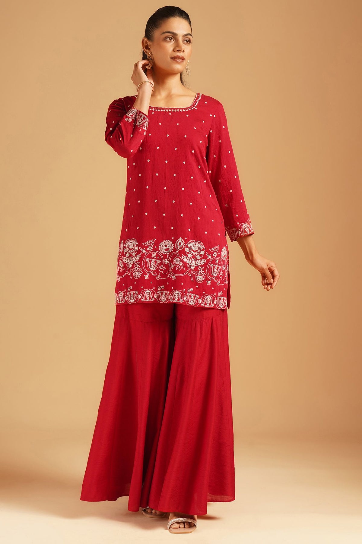 Red Thread Embroidered Straight Kurta sharara set for women