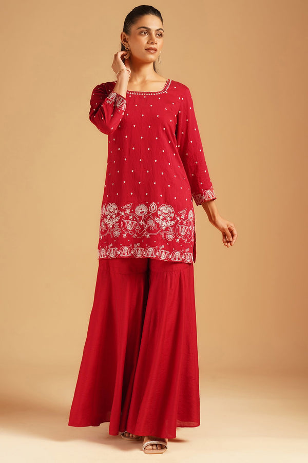 Red Thread Embroidered Straight Kurta sharara set for women