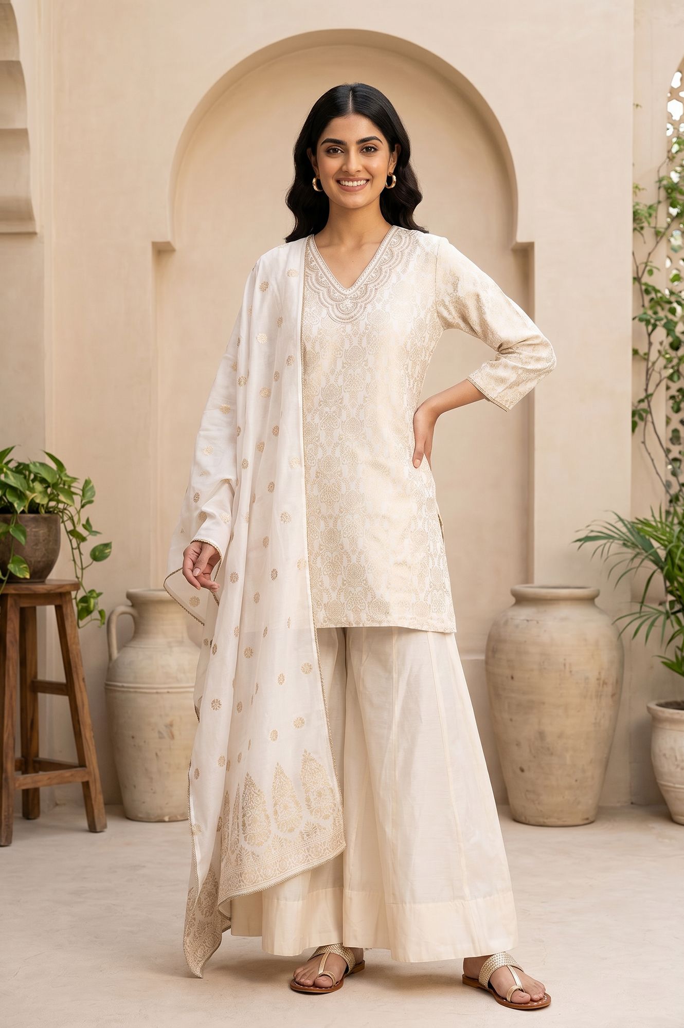 Off White Jacquard Mirror Work Kurta with Straight Pant and Dupatta Set