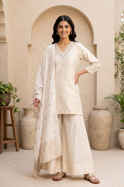 Off White Jacquard Mirror Work Kurta with Straight Pant and Dupatta Set