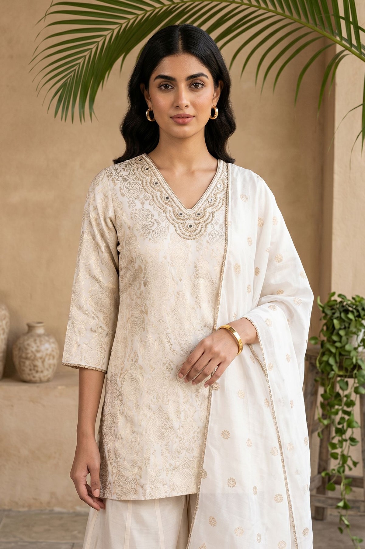 Off White Jacquard Mirror Work Kurta with Straight Pant and Dupatta Set