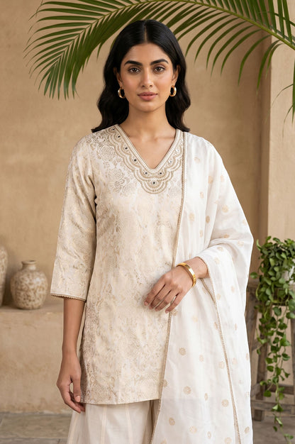 Off White Jacquard Mirror Work Kurta with Straight Pant and Dupatta Set