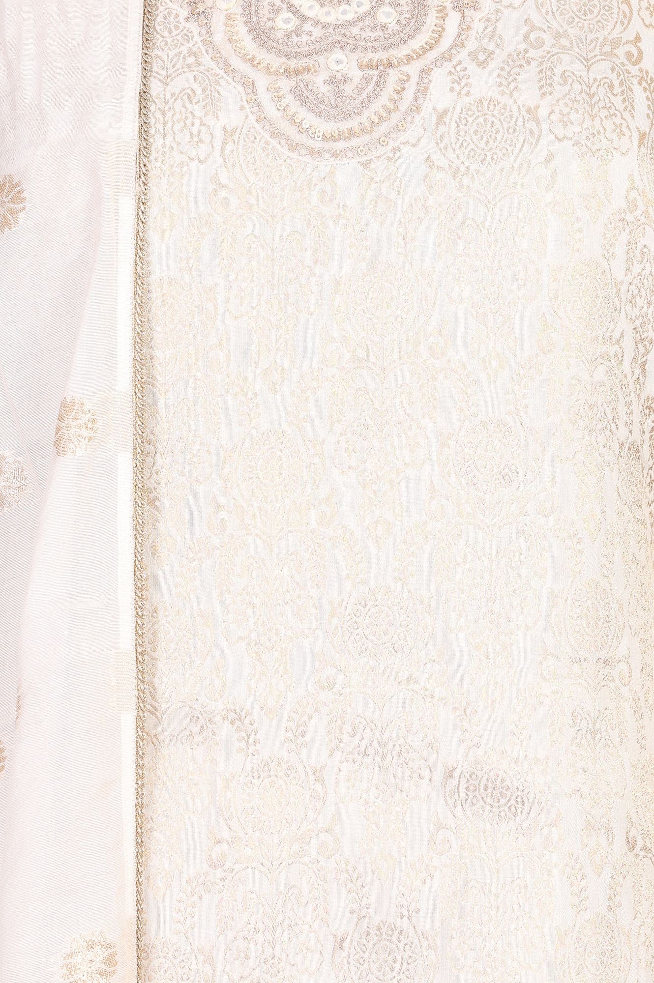 Off White Jacquard Mirror Work Kurta with Straight Pant and Dupatta Set