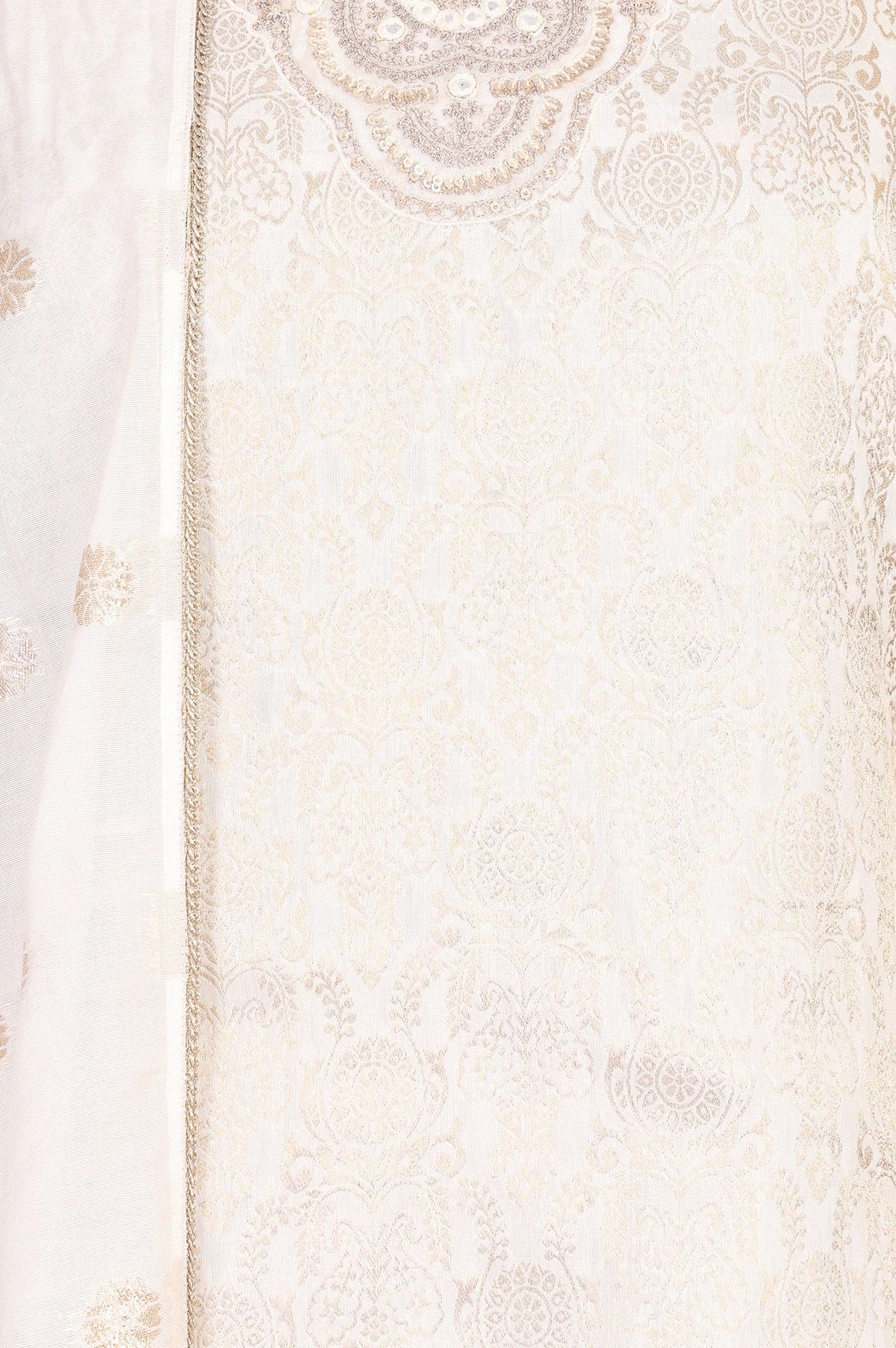 Off White Jacquard Mirror Work Kurta with Straight Pant and Dupatta Set