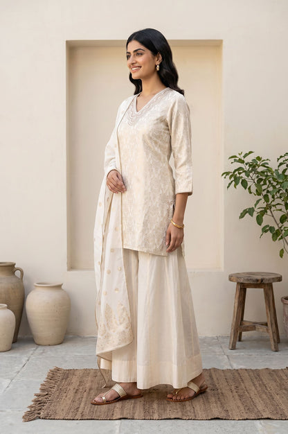 Off White Jacquard Mirror Work Kurta with Straight Pant and Dupatta Set