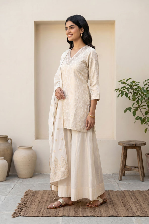 Off White Jacquard Mirror Work Kurta with Straight Pant and Dupatta Set