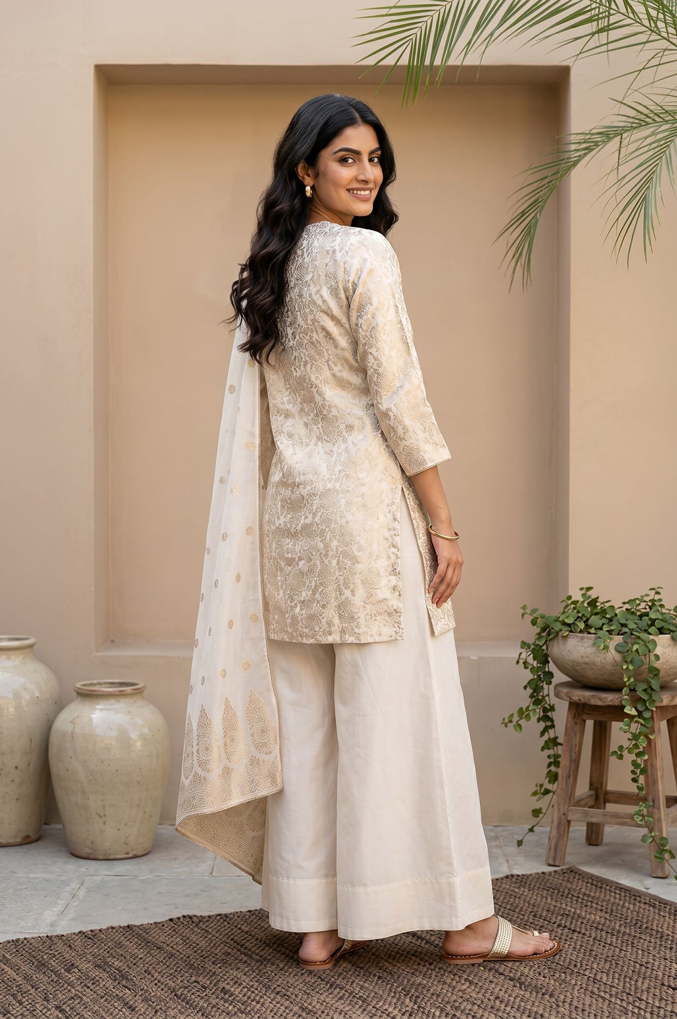 Off White Jacquard Mirror Work Kurta with Straight Pant and Dupatta Set