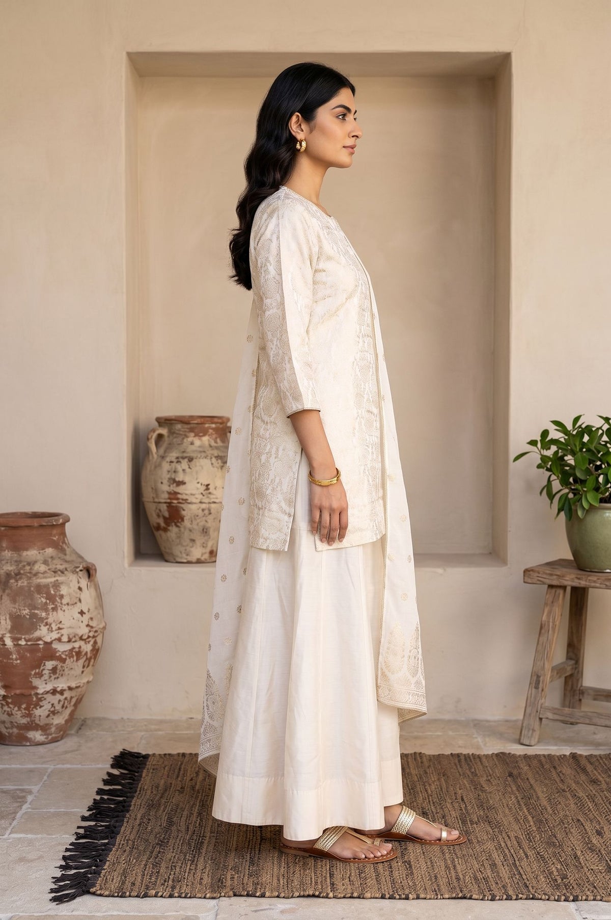 Off White Jacquard Mirror Work Kurta with Straight Pant and Dupatta Set