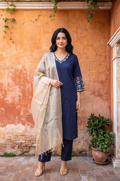 Navy Blue Embroidered Straight Kurta with Pants and Dupatta Set
