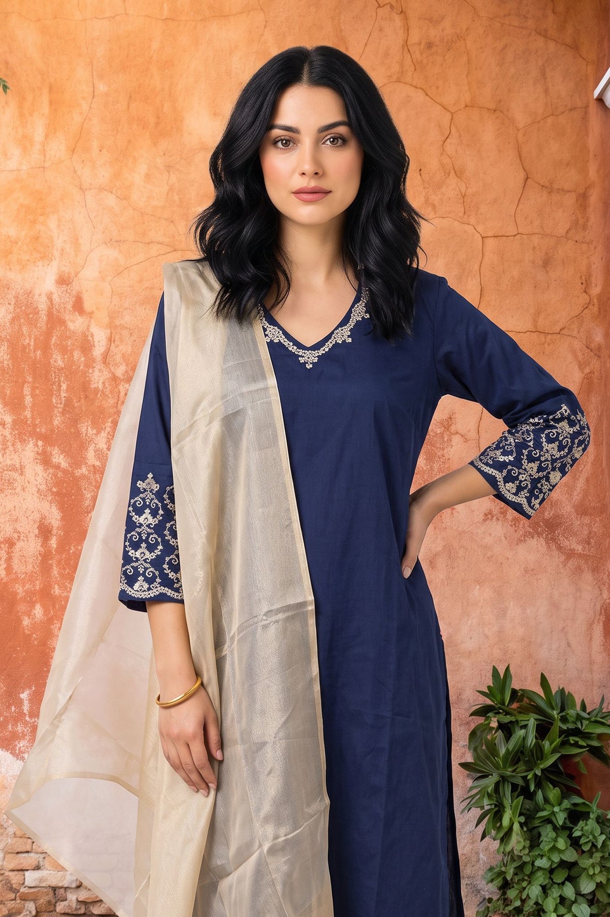 Navy Blue Embroidered Straight Kurta with Pants and Dupatta Set