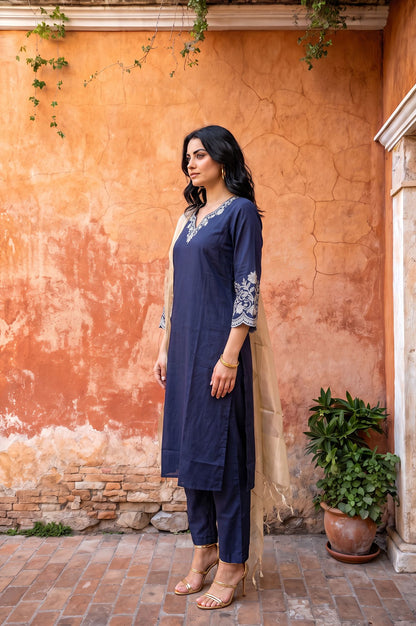 Navy Blue Embroidered Straight Kurta with Pants and Dupatta Set