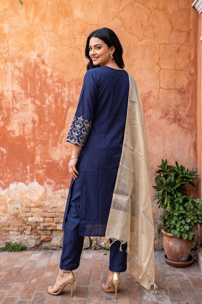 Navy Blue Embroidered Straight Kurta with Pants and Dupatta Set