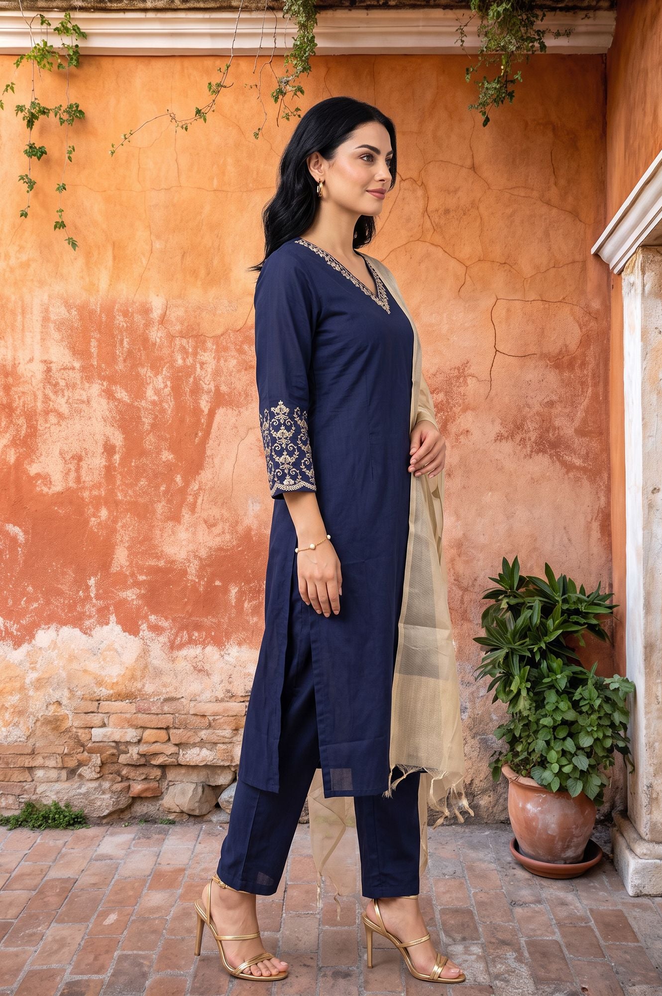 Navy Blue Embroidered Straight Kurta with Pants and Dupatta Set