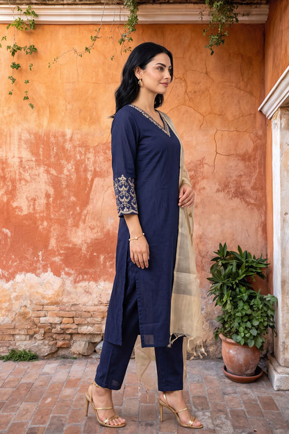 Navy Blue Embroidered Straight Kurta with Pants and Dupatta Set