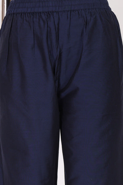 Navy Blue Embroidered Straight Kurta with Pants and Dupatta Set