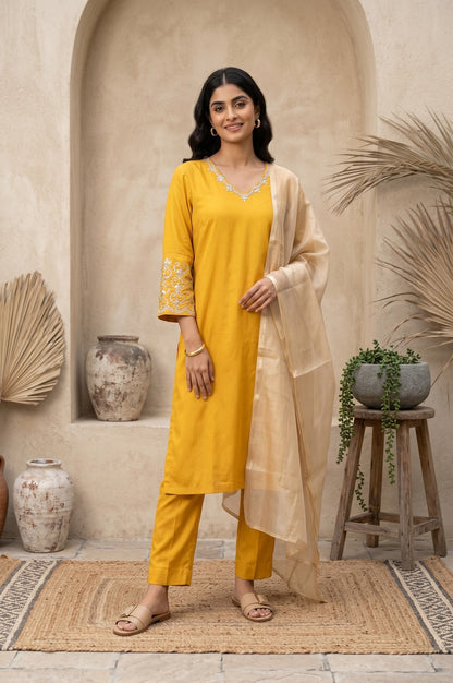 Mustard Embroidered Straight Kurta With Pants And Dupatta Set