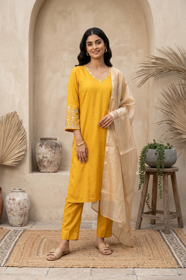 Mustard Embroidered Straight Kurta With Pants And Dupatta Set