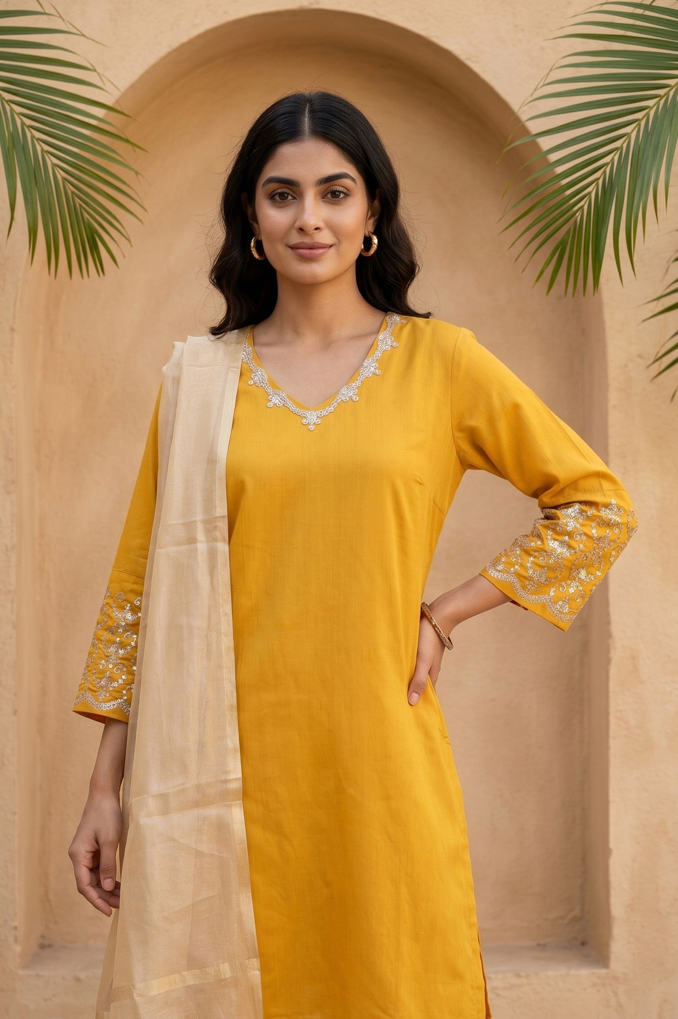 Mustard Embroidered Straight Kurta With Pants And Dupatta Set