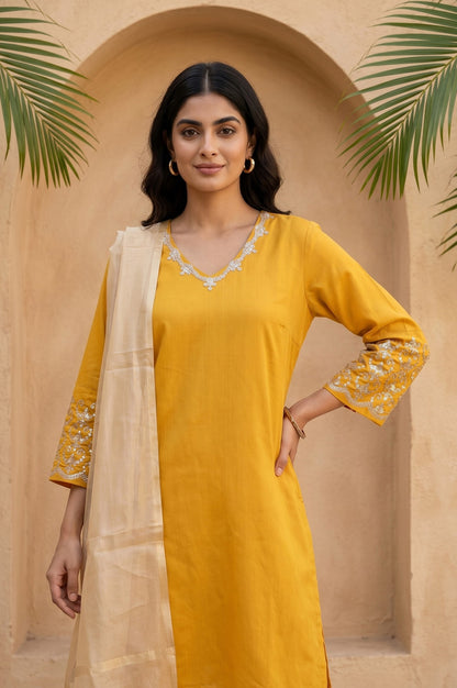 Mustard Embroidered Straight Kurta With Pants And Dupatta Set