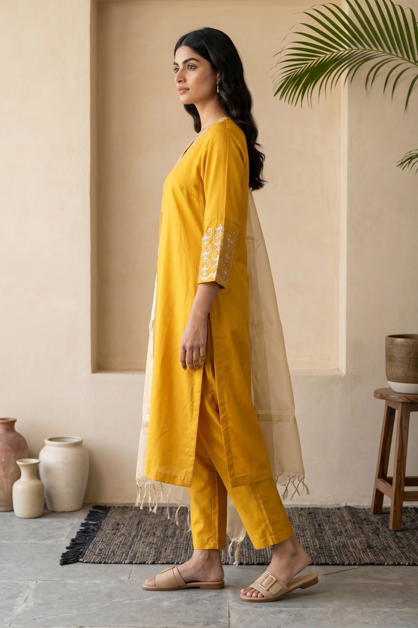 Mustard Embroidered Straight Kurta With Pants And Dupatta Set