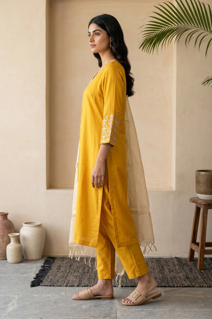 Mustard Embroidered Straight Kurta With Pants And Dupatta Set