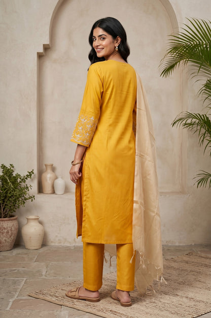 Mustard Embroidered Straight Kurta With Pants And Dupatta Set
