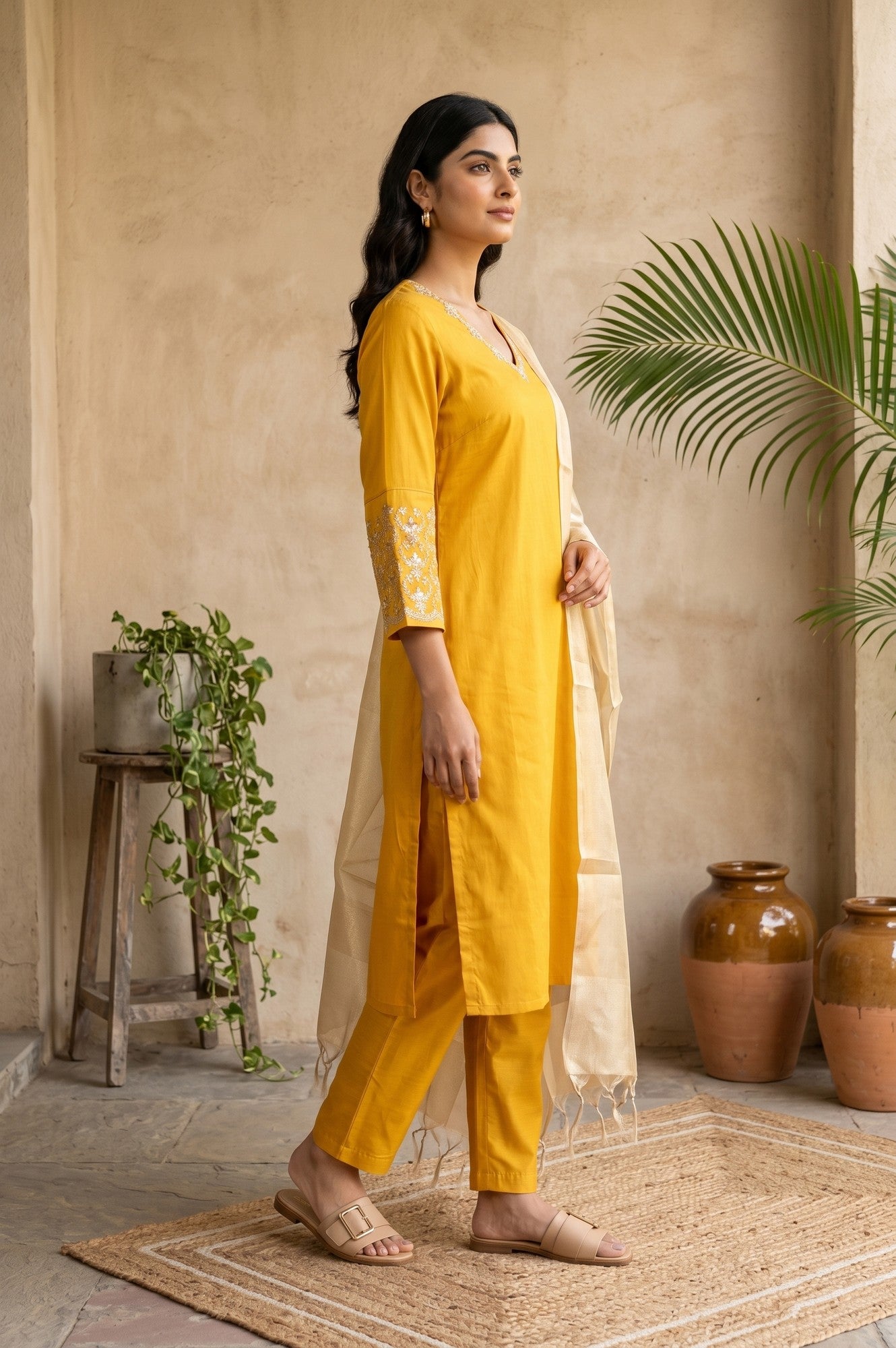Mustard Embroidered Straight Kurta With Pants And Dupatta Set