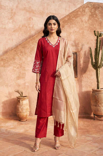 Maroon Embroidered Straight Kurta with Pants and Dupatta Set