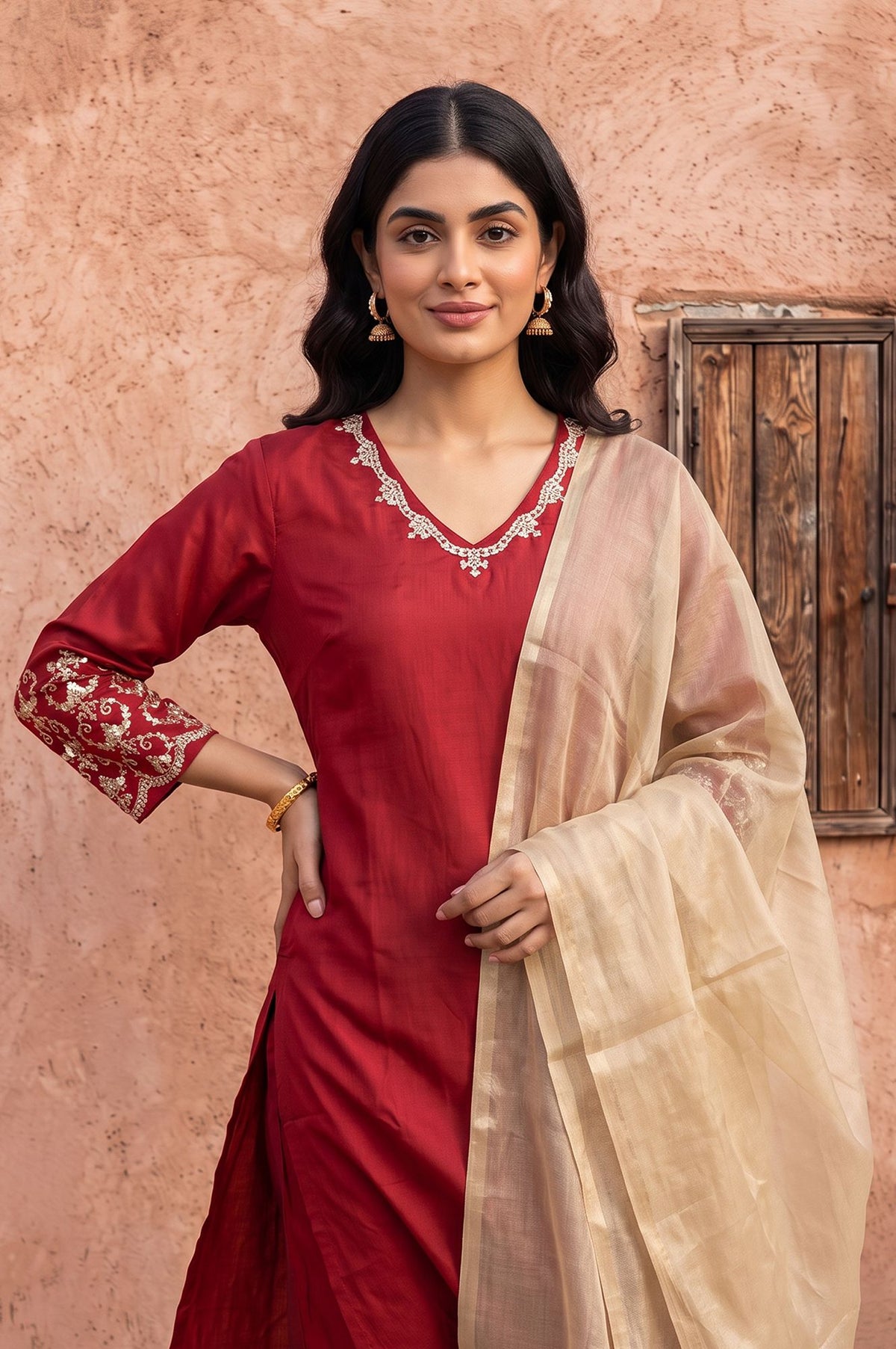 Maroon Embroidered Straight Kurta with Pants and Dupatta Set