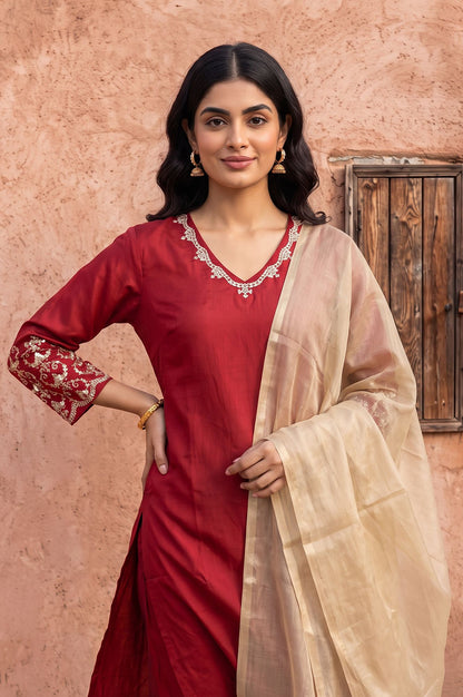 Maroon Embroidered Straight Kurta with Pants and Dupatta Set